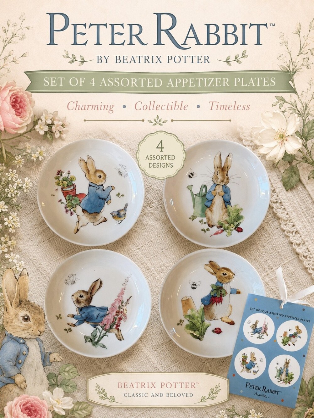 🐰 NEW Peter Rabbit Assorted Appetizer Plate Set (4) - Blue Peter Rabbit Artwork